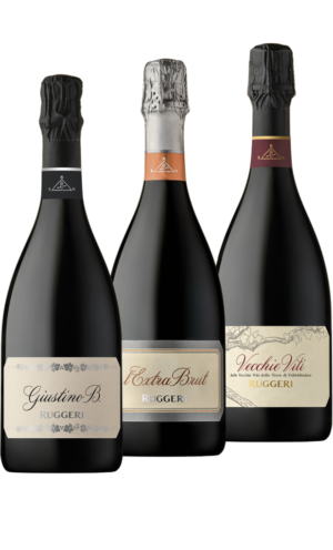 tris di bottiglie di ruggeri prosecco valdobbiadene superiore: giustino b, extrabrut, vecchie viti