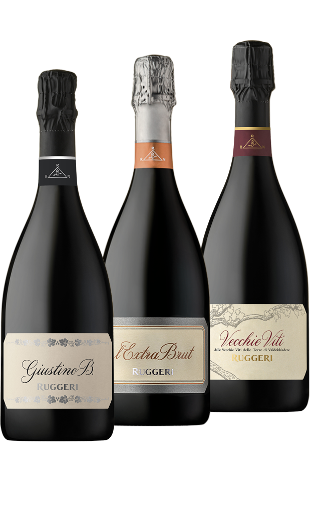 tris di bottiglie di ruggeri prosecco valdobbiadene superiore: giustino b, extrabrut, vecchie viti