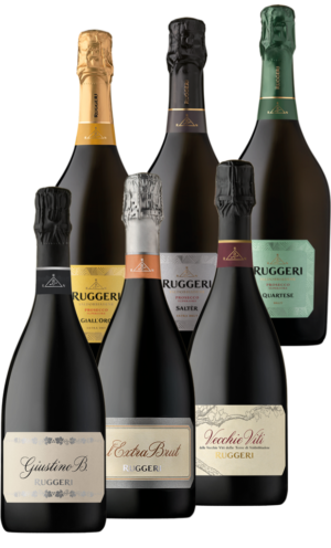 insieme di bottiglie di ruggeri prosecco valdobbiadene superiore: giustino b, extrabrut, vecchie viti, giall'oro, salter, quartese