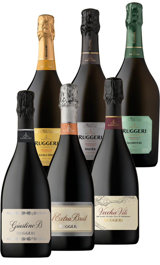 insieme di bottiglie di ruggeri prosecco valdobbiadene superiore: giustino b, extrabrut, vecchie viti, giall'oro, salter, quartese